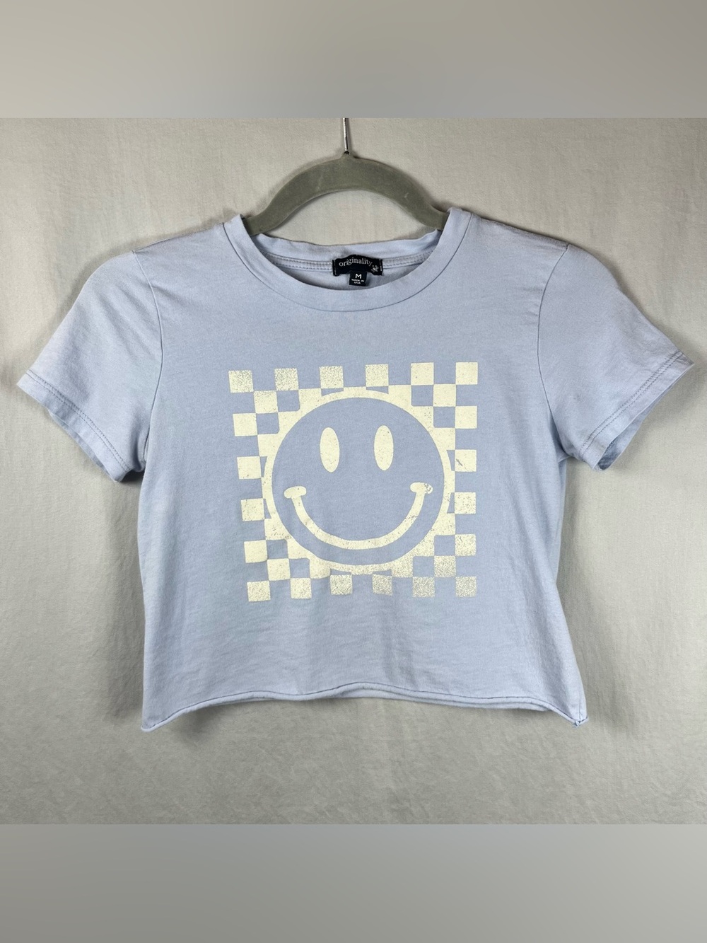 Vintage Y2K Powder Blue Cropped Smiley Face Graphic Raw-Edge Baby Tee 90s Skater